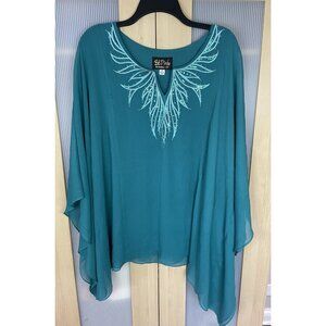 Bob Mackie Wearable Art Top women’s 3X Blouse blue embroidered Boho Party